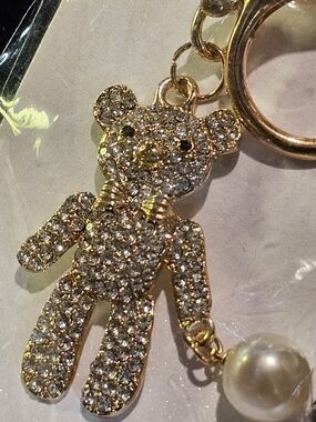 Gold Crystal Teddy Bear Keychain Pendant with Pearl Accent